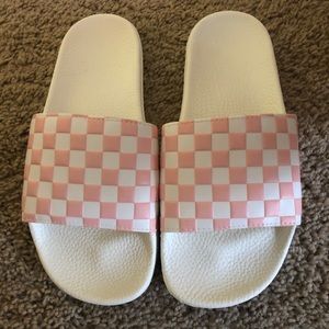 Pink and white vans slides